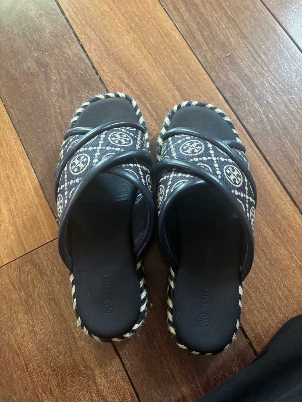 Tory Burch Black Canvas Logo Espadrille Slides